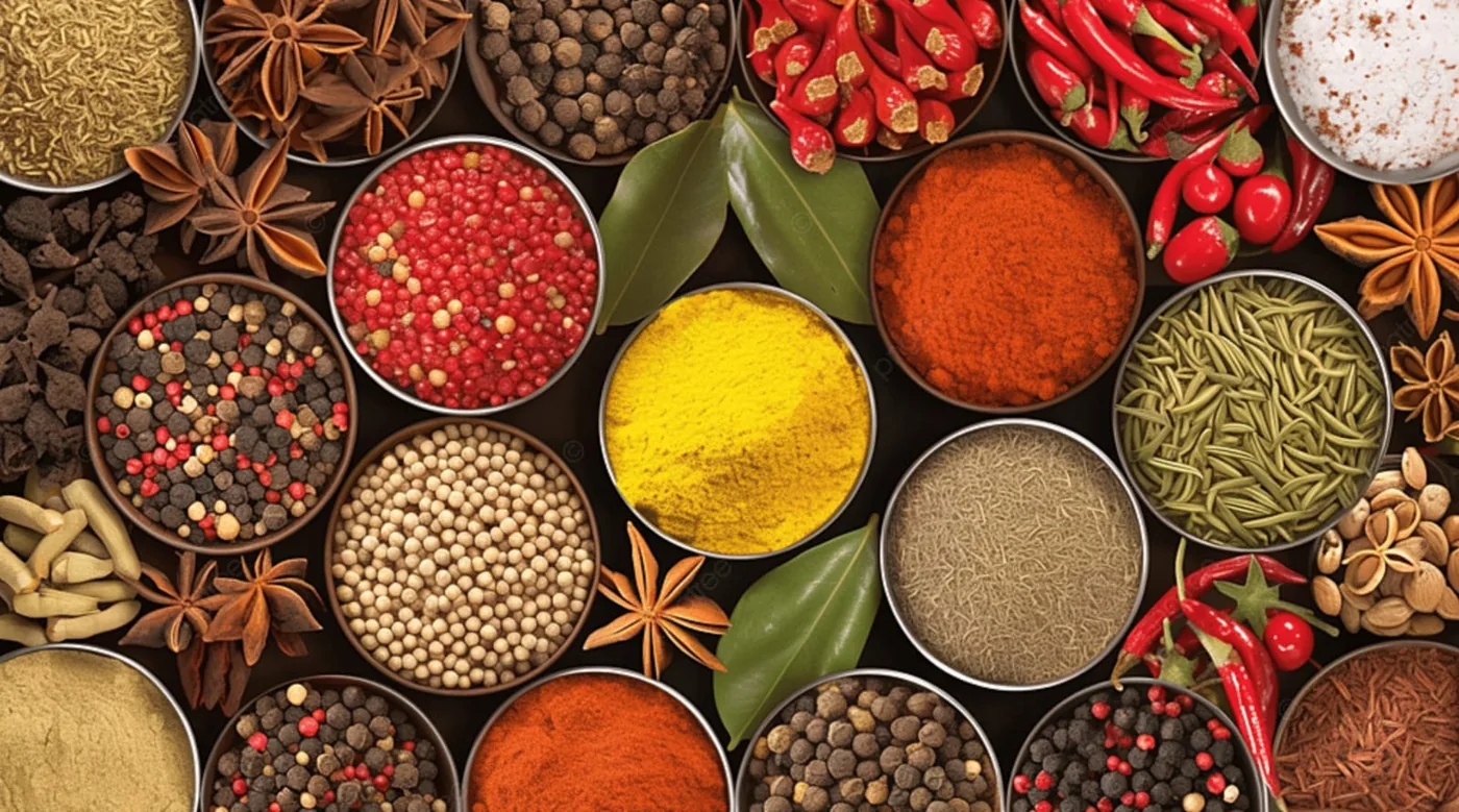 Assorted whole and ground spices in bowls
